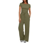 casual women's 2-piece set, frowning, short sleeved, high waisted, wide leg pants, sportswear