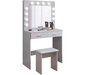 Mesa de Maquillaje con Hollywood LED Espejo, 2 Cajones Grandes y Taburete, Blanco, 80x40x140cm