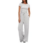 casual women's 2-piece set, frowning, short sleeved, high waisted, wide leg pants, sportswear