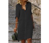 New Loose Fit Turn-down Collar Button Mid-sleeve Solid Color Cotton Linen Shirt Dress