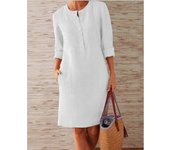 Women Cotton Linen Dress Midi Boho Vintage Henley Neck Plus Size Long Sleeves Skirt Crew neck Spring Summer  46 44 42 40