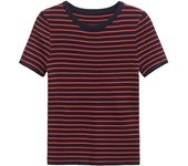 OUWU- Primavera Verano 2025 Mujeres Cuello Redondo Manga Corta Camiseta De Punto A Rayas Camisetas Casuales