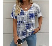 Women's Vintage Summer T-shirt, Casual Clothing with Checkered Print, Outdoor V-neck Short Sleeve Top, Fashionable Street