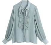 Snican pleated sleeve cascading ruffle bow tie office ladies blouse chic fashion female tops women camisas femininas Chiffon New