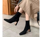 Women's Square Toe Chunky Heel Boots Short High Heel Suede Socks Stretch Slim Boots Korean Fashion