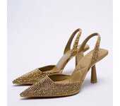 Zapatos de mujer de moda de tacón alto dedo del pie puntiagudo hueco tacón alto colorido diamantes brillante decoración Mule zapatos de mujer