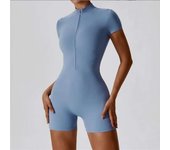 European and American nude one-piece yoga suit with stand up collar, half zipper, short sleeved fiess jumpsuit, tight fitting