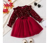 Little girl party autumn winter, 1-8 years old, Christmas and New Year princess red velvet dress, star mesh dress