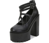 Gdgydh Women Pumps High Heels Zipper Rubber Sole Black Platform Shoes Buckle Strap Cross Tied Goth Chunky Heeled