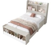 Cama infantil cama individual almacenaje con cajones, estante y banco con espacio de almacenaje, cama de madera 90x200 cm, somier y marco de madera, blanco con roble (sin colchón)