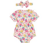 Pudcoco Baby Girl Ribbed Romper Floral/Bow/Strawberry Short Sleeve Bodysuit with Bow Headband Cute Summer Clothes