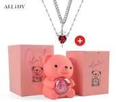 Luxury Hot Red Zircon Heart & Dagger Pendant Double Couple Necklace Set with Real Preserved Rose & Teddy Bear – Romantic Jewelry Gift for Mother’s Day, Valentine’s Day, Birthday & Anniversary