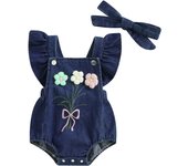 Pudcoco Baby Girl Summer Outfits Ruffle Sleeveless Square Neck Denim Romper with Headband Set Newborn Clothes