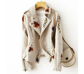Women Spring Autumn Floral Embroidery Fashion Faux Leather Motorcycle PU Jacket Motorcycle Bomber Coat Jacket