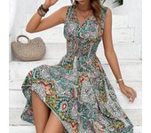 Vestido estampado con cuello en V a la moda verano mujer, vestidos largos de cintura alta para mujer