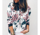 Women Elegant Zipper Bomber Jacket Spring Autumn Floral Printed Jackets Office Wear Slim Office Coat Retro Outwear