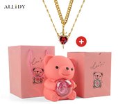 Luxury Hot Red Zircon Heart & Dagger Pendant Double Couple Necklace Set with Real Preserved Rose & Teddy Bear – Romantic Jewelry Gift for Mother’s Day, Valentine’s Day, Birthday & Anniversary