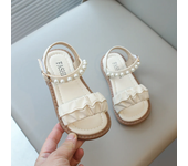 Girls Summer Sandals 2024 New Princess Kids Beach Shoes Rubber Out-sole Ruffles Pleated with Pearls Beading Open Toes Sweet Soft