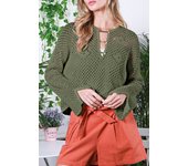 Elrachen Women's Boho Knit Buttoned Neck Split Sleeve Sweater, Vineyard Green, Sizes S-XL
