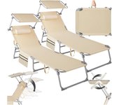 Set de 2X Tumbonas Jardín Exterior, Tumbonas Plegables con Reposacabezas, Parasol y Bolsillo Lateral, Tumbonas Playa Reclinables 4 Posiciones, Tumbona Piscina Resistente a Intemperie - Beige