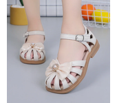 Girls Sandals 2024 Summer New PU Princess Hollow Covered Toes Kids Fashion Bow with Big Pearl Soft Simple Children Casual Shoes