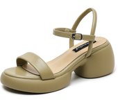 Cuero ~ Sandalias ligeras y cómodas para mujer verano 2025 nueva plataforma de tacón grueso de viento de hadas con punta abierta zapatos romanos