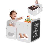 2 en 1 Conjunto de Mesa y Silla Montessori para Niños, de Madera Ajustable con Pizarra, Ideal para Actividades y Dibujo, Blanco