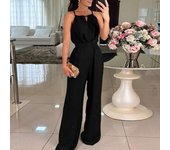 O-neck Cross Draped Long Jumpsuit Women Casual Sleeveless Solid  Office Romper Fashion Hight Waist Commute Playsuit