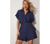 Mono de herramientas europeo y americano para mujer 2025 nueva cintura de manga corta suelta y delgada pantalones cortos casuales de pierna ancha de algodón y lino