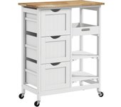 Cocina Carrito Auxiliar  Ruedas Carrito Verdulero  Tablero  Mara 3 Cajones 2 Estantes Abiertos y Banja Extraíble para Comedor Salón 67x37x85,5 cm Blanco