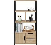 Estantería Alta Independiente de Pie para Libros, 4 baldas, con Armario y Cajones, Estante Industrial de Escalera de Flores de MDF y Metal 58x24x120cm Roble Claro RGB09hei