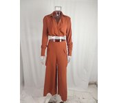 Women casual 2 pieces set elegant turn down collar long sleeve shirt and wide leg pants