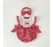 Summer Baby Girls Romper+Headband Newborn Red Plaid Strawberry Embroidery Summer Onesies Clothes Casual and versatile style