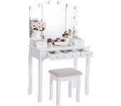 Tocador con Espejo Plegable Blanco y 10 Bombillas LED Mesa con 5 cajones 2 separadores para Manualidades Taburete Acolchado Organizador móvil BDT05W