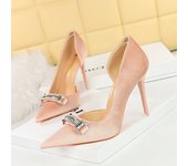 Banquet slim heeled suede shallow cut pointed side hollowed out metal rhinestone buckle high heels