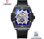 Cubo de vino cuadrado reloj mecánico automático calado fondo traslúcido banda de silicona resistente al agua reloj de hombre luminoso