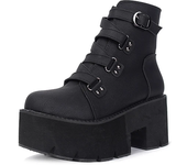 Botines de Plataforma para Mujer, Zapatos de Tacón de PU Cómodos, con Suela de Goma y Hebilla, Cuero, Color Negro, Otoño