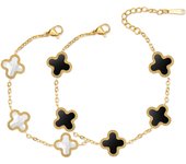 Unique 18K Gold Four Leaf Clover Bracelet for Women White Black Lucky Link Clover Bracelets Set, Trendy Bracelets Set Jewelry Gifts for Women