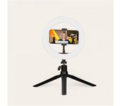 Aro de luz KSIX LED 8" Trípode sobremesa regulable  3 Temperaturas 10 intensidades luz 72 Lúmenes potencia 10W Entrada USB Peso 170Gr Rango de apertura 55.5 a 75 mm