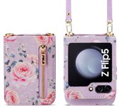 Purse Crossbody Phone Case for Samsung Galaxy Z Flip 5 4 3 5G Flip4 Flip5 Retro Rose Cards Holder Shockproof Leather Lanyard