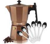 Magefesa Jamaica Brown - Pack Exclusivo Cafetera Italiana + 6 Cucharillas Moka, Aluminio Extra Grueso, Todo Tipo de Cocinas, Inducción, Café