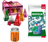 Lote respira: MENTOLIN EXTRA FUERTE S/A BOLSA 1KG + Vela Perfumada de Frutas Exóticas 510g  + WELL HOME - Caja de Té Joyfull con variedad de sabores