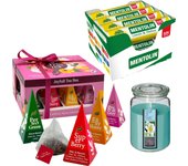 Pack Balsámico: MENTOLIN LIMON MEL S/A TUBO 12X20G + Vela perfumada con flor tiare + Caja de Té Joyfull con variedad de sabores