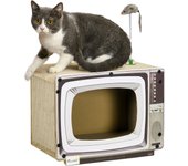 PawHut Rascador de Cartón para Gatos Tablero para Rascar en Forma de Televisor con Ratón de Juguete Centro de Actividades para Mascotas 43x23x32,5 cm Arena