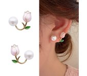 French Light Luxury Pink Tulip Flower Pearl Stud Earrings For Women Korean Zircon Exquisite Earring Party Christmas Jewelry Gift