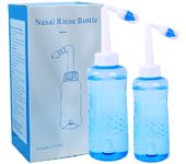 Botella de lavado nasal de 300 mililitros, limpiador nasal, incluye 40 paquetes de solución salina para lavado nasal para adultos y niños, sin BPA, azul.