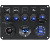 Boat Switch Panel Car Switch Panel Waterproof Digital Voltmeter Dual USB Port 12V Outlet Combination Marine LED Rocker 5 Gang