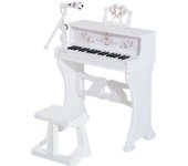 HOMCOM Piano Electrónico Infantil de 37 Teclas Juego de Piano con Modelo Pedagógico Micrófono Taburete Luces y 22 Canciones USB/MP3/Bluetooth Karaoke 53,5x27x63 cm Blanco