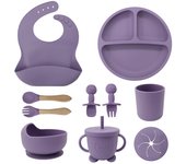 Vajilla de Bebé Silicona, 10 piezas de Vajilla Infantil, Cuadertos con Plato Sucker, Plato Bebe Ventosa,Tenedor con Mango De Madera, ，Bebe de silicona, Babero Set vajilla silicona Bebe