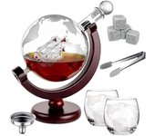 Juego de decantador de whisky con forma de globo, con 2 vasos grabados, 4 cubitos de hielo, pinza y embudo. Ideal para licor, bourbon, whisky escocés, regalos para hombres, esposos, novios y padres, 1000 ml.